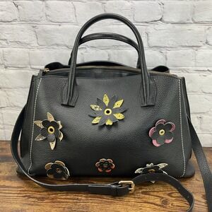 Iacucci Black Pebbled Leather  Shoulder Handbag Flowers Italy applique details.